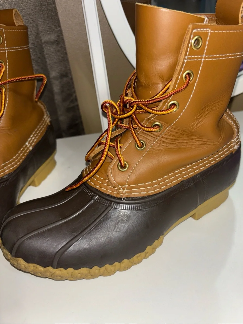 L.L. Bean Brown Two-Tone Duck Boots with Lace-Up Front $180